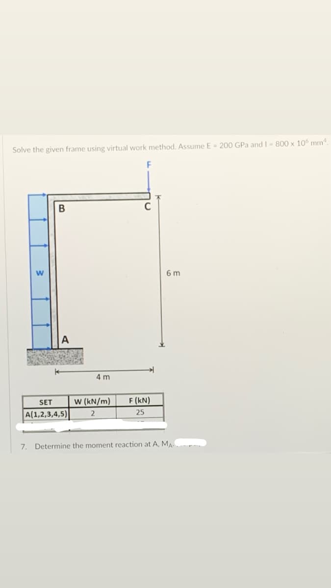 Solve the given frame using virtual work method. Assume E = 200 GPa and | = 800 x 106 mm
6 m
4 m
SET
w (kN/m)
F (kN)
A(1,2,3,4,5)|
25
7. Determine the moment reaction at A, MA.
