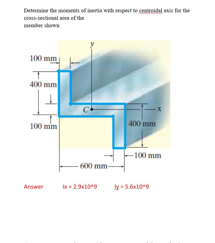 Determine the moments of inertia with respect to centroidal axis for the
cross-sectional area of the
member shown
y
100 mm
400 mm
100 mm
400 mm
-100 mm
600 mm-
Answer
Ix = 2.9x10^9
ly = 5.6x10^9
