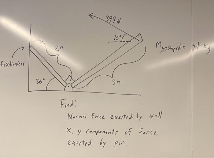 frictionless
36°
2m
399 N
15%
3m
ML-shaped = 41x₂
Find:
Normal force exected by wall
X, y components of force
exerted by pin.