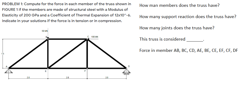 PROBLEM 1: Compute for the force in each member of the truss shown in
How man members does the truss have?
FIGURE 1 if the members are made of structural steel with a Modulus of
Elasticity of 200 GPa and a Coefficient of Thermal Expansion of 12x10^-6.
How many support reaction does the truss have?
Indicate in your solutions if the force is in tension or in compression.
How many joints does the truss have?
50 kN
C 100 kN
This truss is considered
Force in member AB, BC, CD, AE, BE, CE, EF, CF, DF
2.0
20
