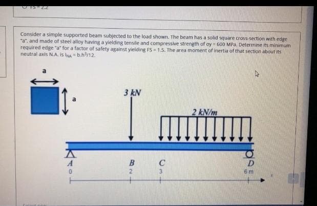 O15-2.
Consider a simple supported beam subjected to the load shown. The bearm has a solid square cross section with edge
"a", and made of steel alloy having a yielding tensile and compressive strength of oy 600 MPa. Determine its minimum
required edge "a" for a factor of safety against yielding FS = 1.5. The area moment of inertia of that section about its
neutral axis N.A. Is lA = b.h/12.
3 kN
2 kN/m
C
D
3
6 m
