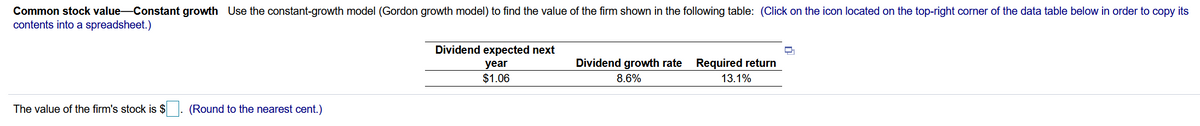 Common stock value-Constant growth Use the constant-growth model (Gordon growth model) to find the value of the firm shown in the following table: (Click on the icon located on the top-right corner of the data table below in order to copy its
contents into a spreadsheet.)
Dividend expected next
year
Dividend growth rate
Required return
$1.06
8.6%
13.1%
The value of the firm's stock is $
(Round to the nearest cent.)
