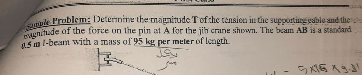 mple Problem: Determine themagnitude T of the tension in the supporting eable and thee
agnitude of the force on the pin at A for the jib crane shown. The beam AB is a standard
0.5 m I-beam with a mass of 95 kg per meter of length.
on
