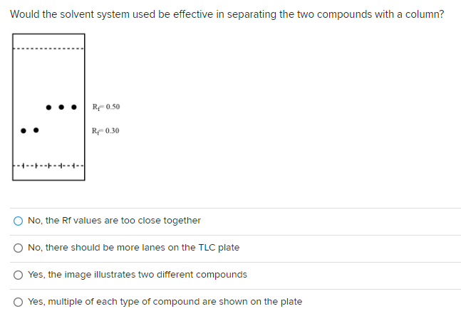 Would the solvent system used be effective in separating the two compounds with a column?
---4--4--
R 0.50
R0.30
No, the Rf values are too close together
No, there should be more lanes on the TLC plate
Yes, the image illustrates two different compounds
O Yes, multiple of each type of compound are shown on the plate