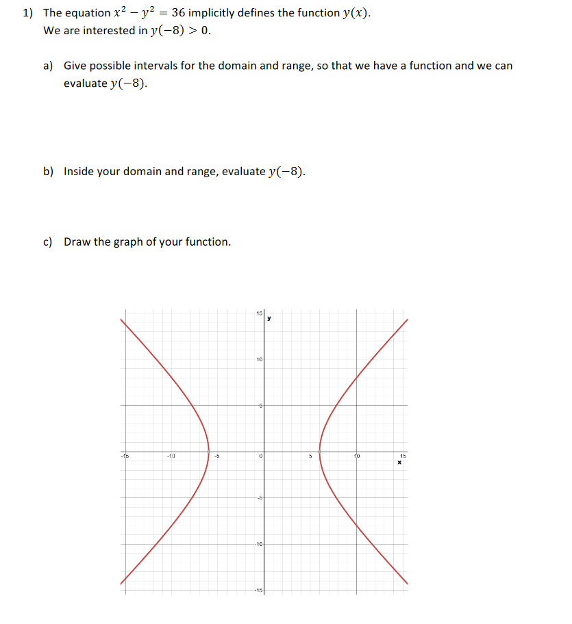 1) The equation x² – y² = 36 implicitly defines the function y(x).
We are interested in y(-8) > 0.
a) Give possible intervals for the domain and range, so that we have a function and we can
evaluate y(-8).
b) Inside your domain and range, evaluate y(-8).
c) Draw the graph of your function.
15
y
10
-16
-10
10
15
-10
-15
