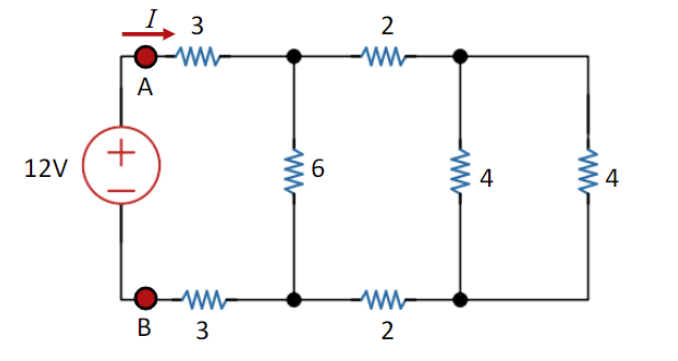 ### Series-Parallel Circuit Analysis

In this diagram, we present a series-parallel circuit which includes resistors, a voltage source, and labeled nodes. The key elements of this circuit are as follows:

1. **Voltage Source (12V)**: The circuit is powered by a 12V DC power supply, represented by a circle with a plus and minus sign, positioned on the left side. It delivers electrical energy to the circuit.

2. **Current Direction (I)**: The current direction is denoted by a red arrow on node A, indicating the flow of electrons in the circuit.

3. **Resistors**:
    - **Series Resistors (3Ω each)**: There are two resistors, each with a resistance of 3 ohms, positioned immediately after nodes A and B.
    - **Parallel Resistive Network**:
        - One branch consists of a 2Ω resistor, another with a 6Ω resistor, and yet another branch with two 4Ω resistors in series.
    - **Combined Parallel Network**: These resistors form a combination of series and parallel networks, affecting the total resistance and current distribution.

4. **Nodes**:
    - **Node A**: Located at the junction of the 12V source and the first 3Ω resistor.
    - **Node B**: Positioned at the junction of the 3Ω resistor on the other side of the circuit.

### Detailed Description of the Circuit:
- The circuit starts with the 12V source on the left and a current arrow indicating the current flow starting at node A.
- After node A, the current flows through a 3Ω resistor.
- Following this resistor, the circuit splits into three parallel branches:
  - The first branch contains a 2Ω resistor.
  - The second branch contains a 6Ω resistor.
  - The third branch contains two 4Ω resistors in series, adding up to 8Ω.
- These branches then converge, connecting to another set of series resistors (2Ω and 3Ω) before reaching node B.
- Both nodes A and B are highlighted with red dots for clarity.

### Analyzing the Circuit:
To calculate the equivalent resistance of this series-parallel circuit, follow these steps:
1. **Identify Parallel Resistors**:
   - Combine the resistances in each branch using the parallel resistance formula.
   - Calculate the equivalent resistance of the combined branches.

2. **
