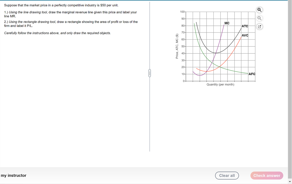 Suppose that the market price in a perfectly competitive industry is $50 per unit.
1.) Using the line drawing tool, draw the marginal revenue line given this price and label your
line MR.
2.) Using the rectangle drawing tool, draw a rectangle showing the area of profit or loss of the
firm and label it P/L.
Carefully follow the instructions above, and only draw the required objects.
my instructor
☐☐
100-
90-
MC
80-
ATC
70-
AVC
60-
50-
40-
30-
20-
10-
0+
Quantity (per month)
Price, ATC, MC ($)
☑
AFC
Clear all
Check answer