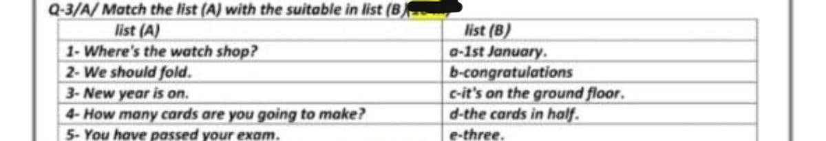 Q-3/A/ Match the list (A) with the suitable in list (B
list (B)
list (A)
1- Where's the watch shop?
2- We should fold.
3- New year is on.
4- How many cards are you going to make?
5- You have passed your exam.
0-1st January.
b-congratulations
c-it's on the ground floor.
d-the cards in half.
e-three.
