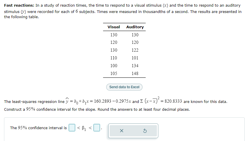 Fast reactions: In a study of reaction times, the time to respond to a visual stimulus (x) and the time to respond to an auditory
stimulus (v) were recorded for each of 6 subjects. Times were measured in thousandths of a second. The results are presented in
the following table.
Visual Auditory
130
130
120
120
130
122
110
101
100
134
105
148
Send data to Excel
The least-squares regression line y =b,+b,x = 160.2893 – 0.2975x and E (x-x)´ = 820.8333 are known for this data.
Construct a 95% confidence interval for the slope. Round the answers to at least four decimal places.
The 95% confidence interval is
< B, <
