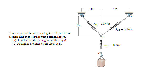 -3 m
4 m
www
= 20 N/m
3'm
www
= 30 N/m
The unstretched length of spring AB is 3.3 m. If the
block is held in the equilibrium position shown,
(a) Draw the free-body diagram of the ring A.
(b) Determine the mass of the block at D.
kAD = 40 N/m
