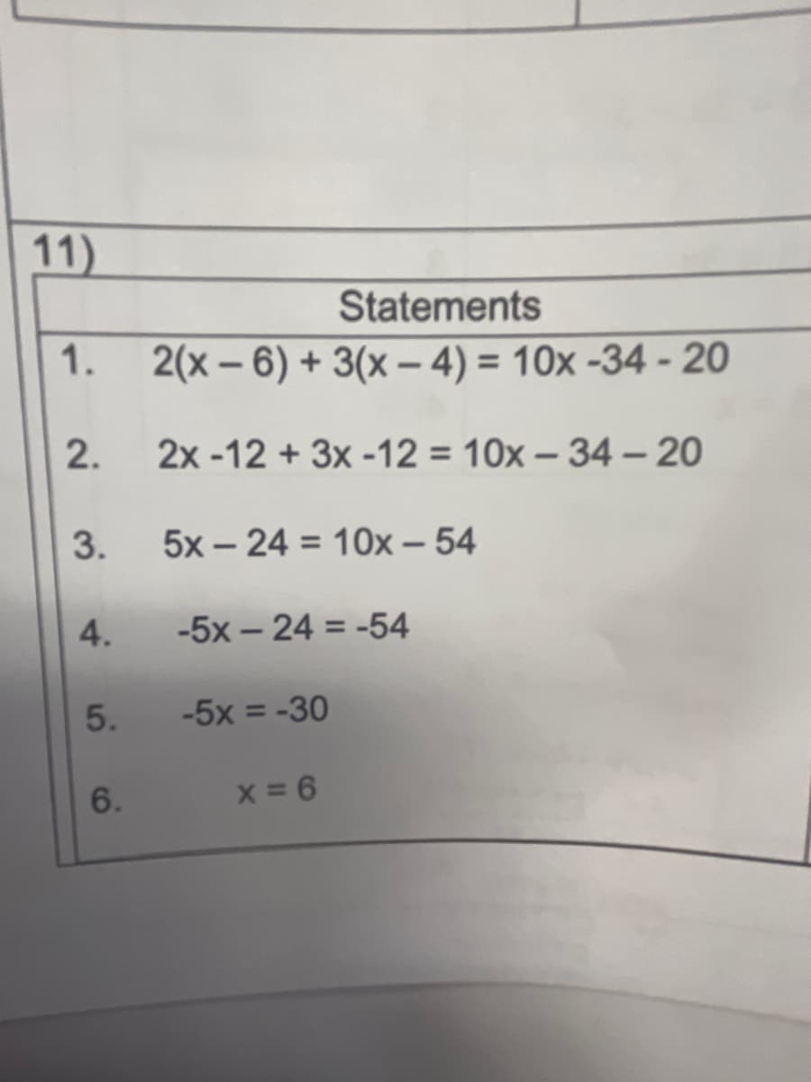 11)
Statements
1.
2(x – 6) + 3(x – 4) = 10x -34 - 20
2.
2x -12 + 3x -12 = 10x – 34- 20
3.
5x – 24 = 10x – 54
4.
-5x – 24 = -54
-5x = -30
x 6
5.
6.
