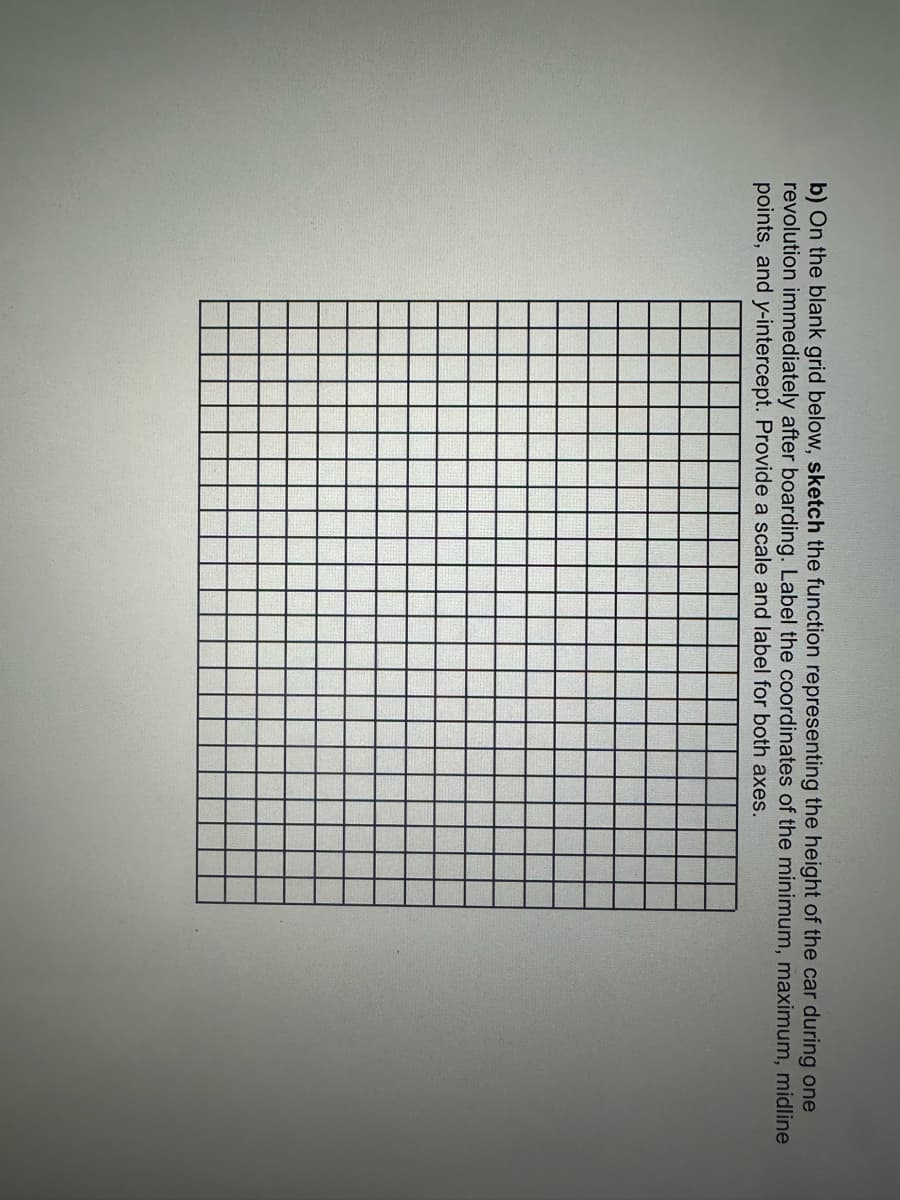 b) On the blank grid below, sketch the function representing the height of the car during one
revolution immediately after boarding. Label the coordinates of the minimum, maximum, midline
points, and y-intercept. Provide a scale and label for both axes.