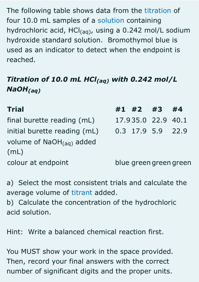 The following table shows data from the titration of
four 10.0 mL samples of a solution containing
hydrochloric acid, HCl(aq), using a 0.242 mol/L sodium
hydroxide standard solution. Bromothymol blue is
used as an indicator to detect when the endpoint is
reached.
Titration of 10.0 mL HCl(aq) with 0.242 mol/L
NaOH(aq)
Trial
final burette reading (mL)
initial burette reading (mL)
volume of NaOH(aq) added
(mL)
colour at endpoint
#1 #2 #3 #4
17.935.0 22.9 40.1
0.3 17.9 5.9 22.9
blue green green green
a) Select the most consistent trials and calculate the
average volume of titrant added.
b) Calculate the concentration of the hydrochloric
acid solution.
Hint: Write a balanced chemical reaction first.
You MUST show your work in the space provided.
Then, record your final answers with the correct
number of significant digits and the proper units.