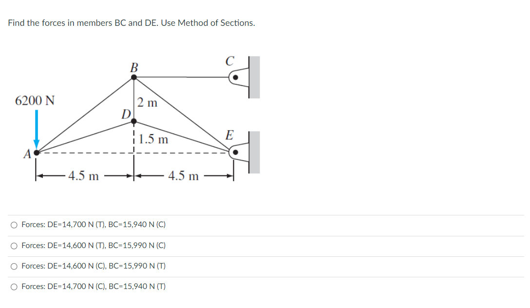 Find the forces in members BC and DE. Use Method of Sections.
В
6200 N
|2 m
{1.5 m
E
A
4.5 m
4.5 m
O Forces: DE=14,700 N (T), BC=15,940 N (C)
O Forces: DE=14,600 N (T), BC=15,990 N (C)
O Forces: DE=14,600 N (C), BC=15,990 N (T)
O Forces: DE=14,700 N (C), BC=15,940 N (T)
