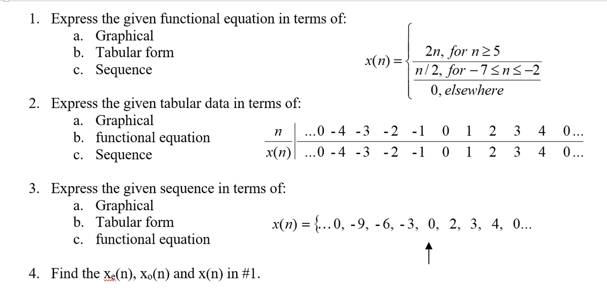 1. Express the given functional equation in terms of:
a. Graphical
b. Tabular form
2n, for n25
n/2, for – 7<n<-2
0, elsewhere
х(п) —
c. Sequence
2. Express the given tabular data in terms of:
a. Graphical
b. functional equation
c. Sequence
...0 - 4 -3
- 2 -1
1
2
3
4 0...
x(n)|...0 - 4 -3 - 2 -1 0 1
4 0...
3. Express the given sequence in terms of:
a. Graphical
b. Tabular form
x(n) = {...0, -9, -6, - 3, 0, 2, 3, 4, 0...
c. functional equation
↑
4. Find the xe(n), Xo(n) and x(n) in #1.
3.
