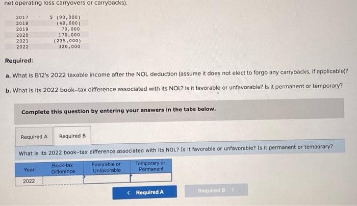 net operating loss carryovers or carrybacks).
2017
2018
2019
2020
2021
2022
$(90,000)
(40,000)
70,000
170,000
(235,000)
320,000
Required:
a. What is B12's 2022 taxable income after the NOL deduction (assume it does not elect to forgo any carrybacks, if applicable)?
b. What is its 2022 book-tax difference associated with its NOL? Is it favorable or unfavorable? Is it permanent or temporary?
Complete this question by entering your answers in the tabs below.
Year
2022
Required A Required B
What is its 2022 book-tax difference associated with its NOL? Is it favorable or unfavorable? Is it permanent or temporary?
Favorable or
Unfavorable
Temporary or
Permanent
Book-tax
Difference
< Required A
Required B >