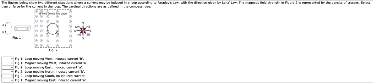 The figures below show two different situations where a current may be induced in a loop according to Faraday's Law, with the direction given by Lenz' Law. The magnetic field strength in Figure 2 is represented by the density of crosses. Select
true or false for the current in the loop. The cardinal directions are as defined in the compass rose.
a
N
b
Fig. 1
B-field points into page
Fig. 2
NW
W-
NE
SW
-E
SE
Fig 1: Loop moving West, induced current 'b'.
☑ Fig 1: Magnet moving West, induced current 'a'.
✓ Fig 2: Loop moving East, induced current 'a'.
Fig 2: Loop moving North, induced current 'b'.
Fig 2: Loop moving South, no induced current.
Fig 1: Magnet moving East, induced current 'a'.