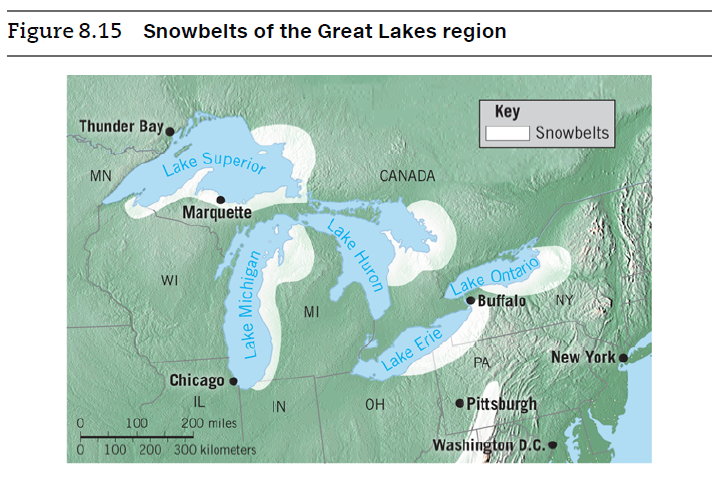 Lake Superior
Figure 8.15 Snowbelts of the Great Lakes region
Thunder Bay,
Key
| Snowbelts
MN
CANADA
Marquette
WI
Lake Ontario
MI
Buffalo
NY
Lake Erie
PA
New York
Chicago
IL
IN
он
• Pittsburgh
100
200 miles
100 200 300 kilometers
Washington D.C.
Lake Huron
Lake Michigan
