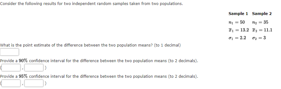 Consider the following results for two independent random samples taken from two populations.
What is the point estimate of the difference between the two population means? (to 1 decimal)
Provide a 90% confidence interval for the difference between the two population means (to 2 decimals).
Provide a 95% confidence interval for the difference between the two population means (to 2 decimals).
Sample 1 Sample 2
n2 = = 35
n₁ = 50
13.2 2
1
=
01 = 2.2
=
11.1
σ2 =
= 3