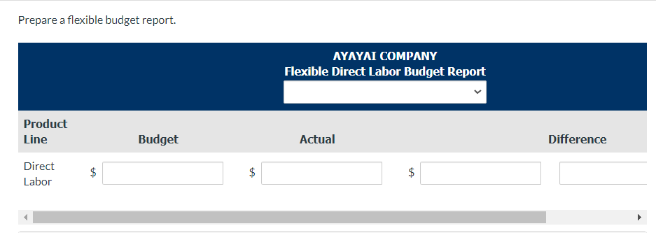 Prepare a flexible budget report.
Product
Line
Budget
Direct
Labor
$
AYAYAI COMPANY
Flexible Direct Labor Budget Report
+A
Actual
+A
Difference