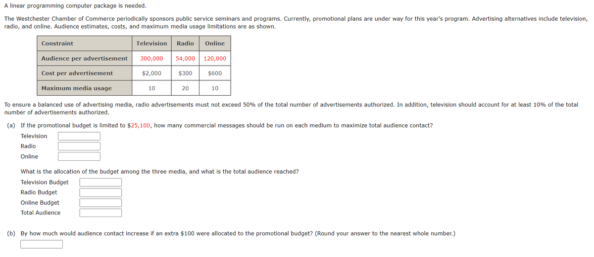 A linear programming computer package is needed.
The Westchester Chamber of Commerce periodically sponsors public service seminars and programs. Currently, promotional plans are under way for this year's program. Advertising alternatives include television,
radio, and online. Audience estimates, costs, and maximum media usage limitations are as shown.
Constraint
Audience per advertisement
Cost per advertisement
Maximum media usage
Radio
Online
Television Radio
300,000 54,000 120,000
$600
$2,000
10
$300
Online
20
10
To ensure a balanced use of advertising media, radio advertisements must not exceed 50% of the total number of advertisements authorized. In addition, television should account for at least 10% of the total
number of advertisements authorized.
(a) If the promotional budget is limited to $25,100, how many commercial messages should be run on each medium to maximize total audience contact?
Television
What is the allocation of the budget among the three media, and what is the total audience reached?
Television Budget
Radio Budget
Online Budget
Total Audience
(b) By how much would audience contact increase if an extra $100 were allocated to the promotional budget? (Round your answer to the nearest whole number.)