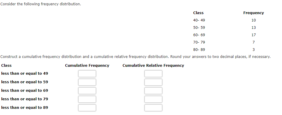 Consider the following frequency distribution.
Class
Frequency
40-49
10
50-59
13
60-69
17
70-79
7
80-89
3
Construct a cumulative frequency distribution and a cumulative relative frequency distribution. Round your answers to two decimal places, if necessary.
Class
less than or equal to 49
Cumulative Frequency
Cumulative Relative Frequency
less than or equal to 59
less than or equal to 69
less than or equal to 79
less than or equal to 89