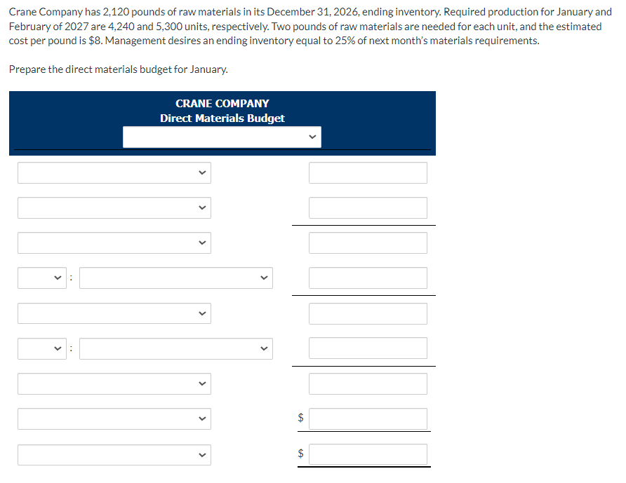 Crane Company has 2,120 pounds of raw materials in its December 31, 2026, ending inventory. Required production for January and
February of 2027 are 4,240 and 5,300 units, respectively. Two pounds of raw materials are needed for each unit, and the estimated
cost per pound is $8. Management desires an ending inventory equal to 25% of next month's materials requirements.
Prepare the direct materials budget for January.
CRANE COMPANY
Direct Materials Budget
SA
$