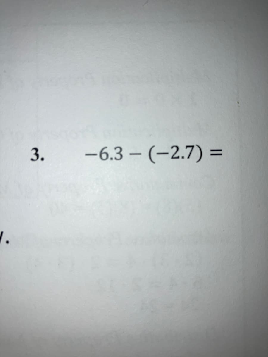 ## Sample Math Problem

### Problem
Solve the following mathematical expression:

\[ -6.3 - (-2.7) = \]

### Solution
To solve the expression \(-6.3 - (-2.7)\):

1. Recognize that subtracting a negative number is the same as adding the absolute value of that number. Therefore, \(-6.3 - (-2.7)\) is equivalent to \(-6.3 + 2.7\).

2. Perform the addition:
\[ -6.3 + 2.7 \]

3. To add a negative and a positive number, subtract the smaller number from the larger number, while keeping the sign of the larger number. Here, the larger absolute value is 6.3 with a negative sign:
\[ 6.3 - 2.7 = 3.6 \]
 Keeping the sign:
\[ -3.6 \]

Thus,
\[ -6.3 - (-2.7) = -3.6 \]

