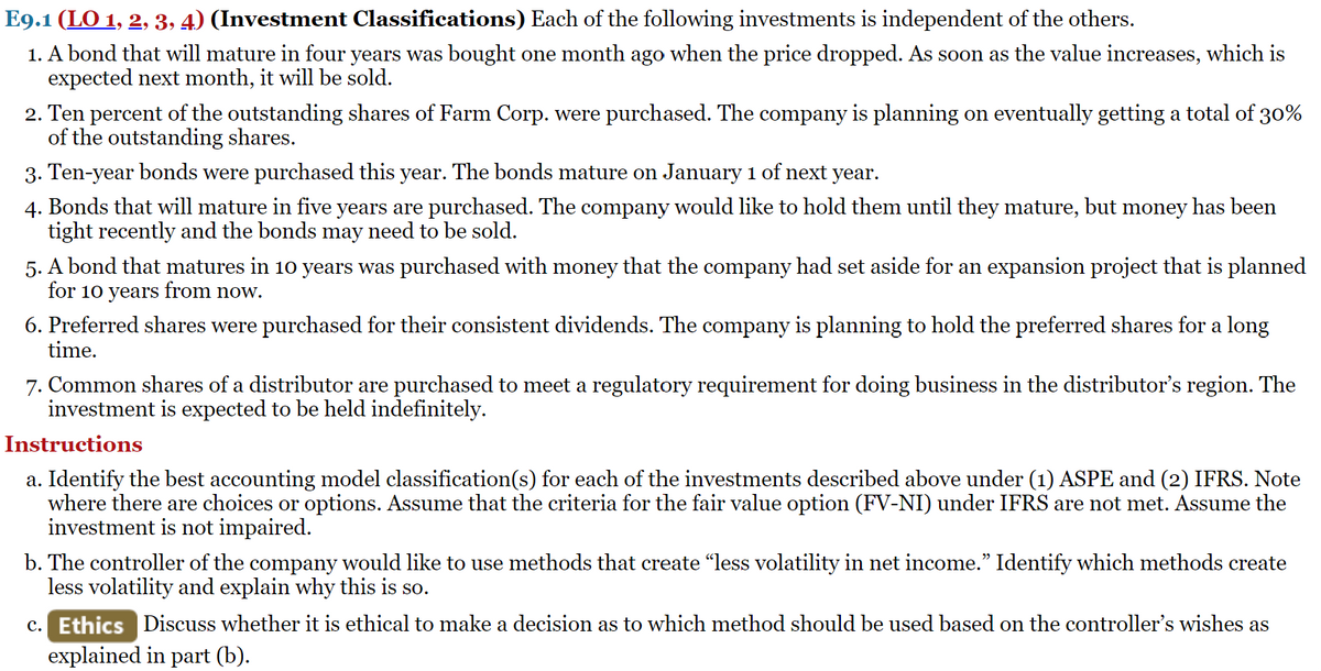 E9.1 (LO 1, 2, 3, 4) (Investment Classifications) Each of the following investments is independent of the others.
1. A bond that will mature in four years was bought one month ago when the price dropped. As soon as the value increases, which is
expected next month, it will be sold.
2. Ten percent of the outstanding shares of Farm Corp. were purchased. The company is planning on eventually getting a total of 30%
of the outstanding shares.
3. Ten-year bonds were purchased this year. The bonds mature on January 1 of next year.
4. Bonds that will mature in five years are purchased. The company would like to hold them until they mature, but money has been
tight recently and the bonds may need to be sold.
5. A bond that matures in 10 years was purchased with money that the company had set aside for an expansion project that is planned
for 10 years from now.
6. Preferred shares were purchased for their consistent dividends. The company is planning to hold the preferred shares for a long
time.
7. Common shares of a distributor are purchased to meet a regulatory requirement for doing business in the distributor's region. The
investment is expected to be held indefinitely.
Instructions
a. Identify the best accounting model classification(s) for each of the investments described above under (1) ASPE and (2) IFRS. Note
where there are choices or options. Assume that the criteria for the fair value option (FV-NI) under IFRS are not met. Assume the
investment is not impaired.
b. The controller of the company would like to use methods that create "less volatility in net income." Identify which methods create
less volatility and explain why this is so.
c. Ethics Discuss whether it is ethical to make a decision as to which method should be used based on the controller's wishes as
explained in part (b).