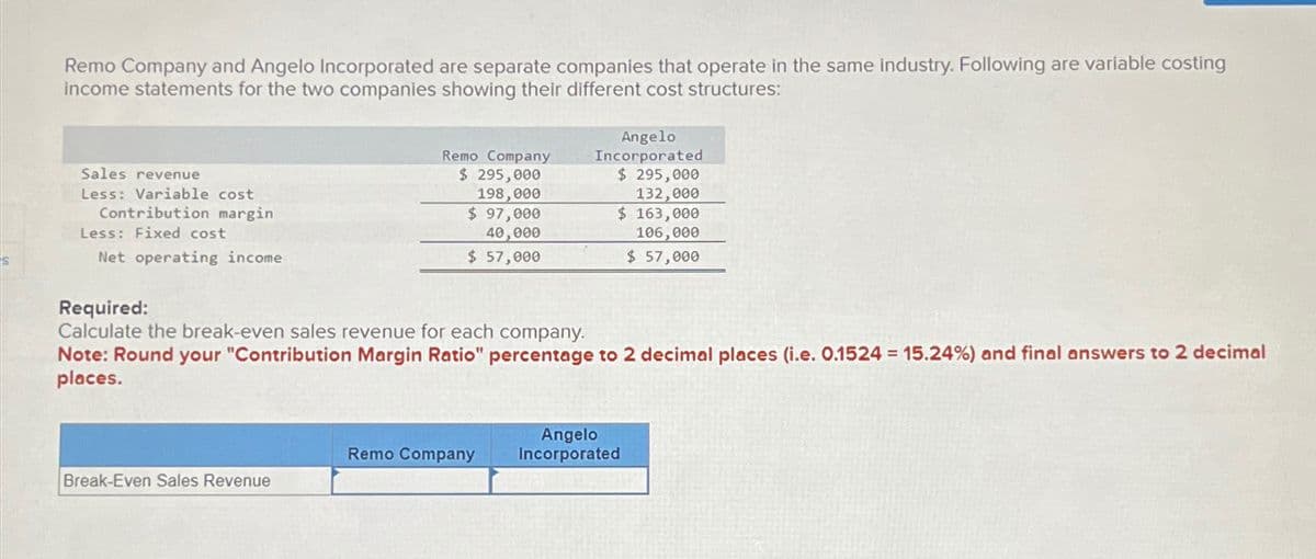 S
Remo Company and Angelo Incorporated are separate companies that operate in the same industry. Following are variable costing
income statements for the two companies showing their different cost structures:
Sales revenue
Less: Variable cost
Contribution margin
Less: Fixed cost
Net operating income
Remo Company
$ 295,000
198,000
$ 97,000
40,000
$ 57,000
Break-Even Sales Revenue
Required:
Calculate the break-even sales revenue for each company.
Note: Round your "Contribution Margin Ratio" percentage to 2 decimal places (i.e. 0.1524 = 15.24%) and final answers to 2 decimal
places.
Angelo
Incorporated
$ 295,000
132,000
$ 163,000
106,000
$ 57,000
Remo Company
Angelo
Incorporated