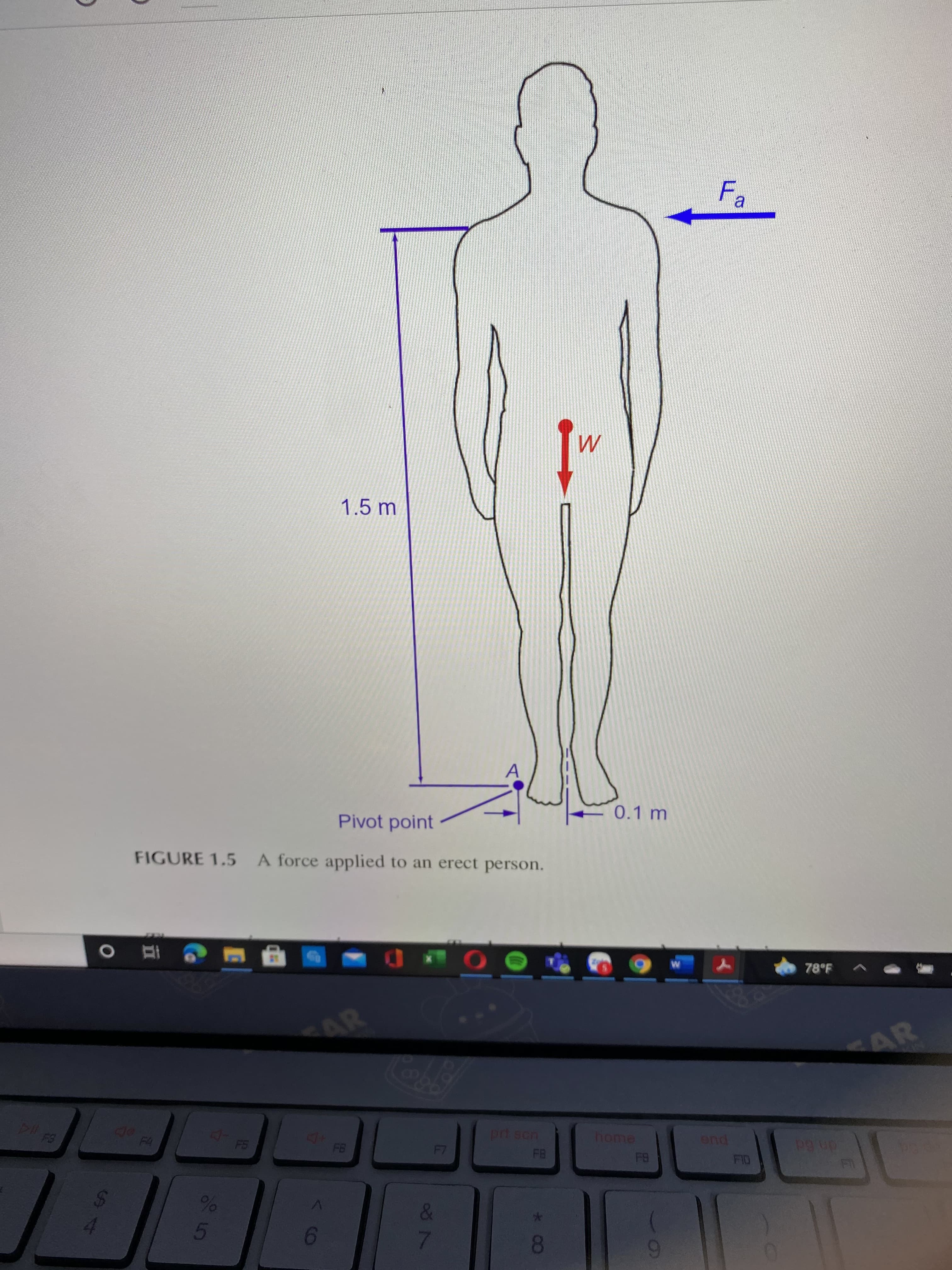 87
F,
1.5 m
A
Pivot point
0.1 m
FIGURE 1.5
A force applied to an erect person.
直 0
78°F A
AR
AR
pri scn
FB
home
end
FB
dn 6d
5.
