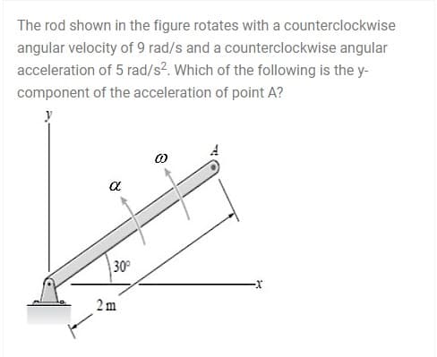 The rod shown in the figure rotates with a counterclockwise
angular velocity of 9 rad/s and a counterclockwise angular
acceleration of 5 rad/s². Which of the following is the y-
component of the acceleration of point A?
30°
2 m
