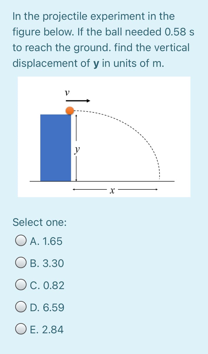 In the projectile experiment in the
figure below. If the ball needed 0.58 s
to reach the ground. find the vertical
displacement of y in units of m.
V
y
Select one:
O A. 1.65
О в. 3.30
OC. 0.82
O D. 6.59
O E. 2.84
