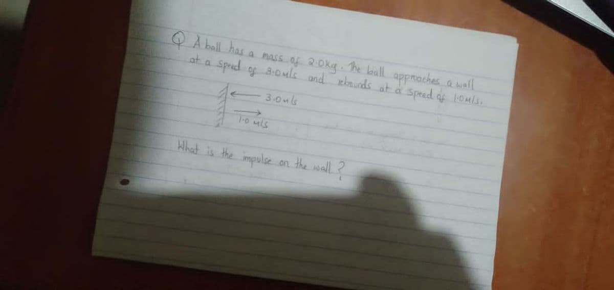 Q A ball has a nass of 2:0kg he koall appmaches a wall
at a Spred og 3:OMls and ebaunds at a Speed af 1OMls.
3.0mls
ToMis
Hhat is the impulse on the wall?
