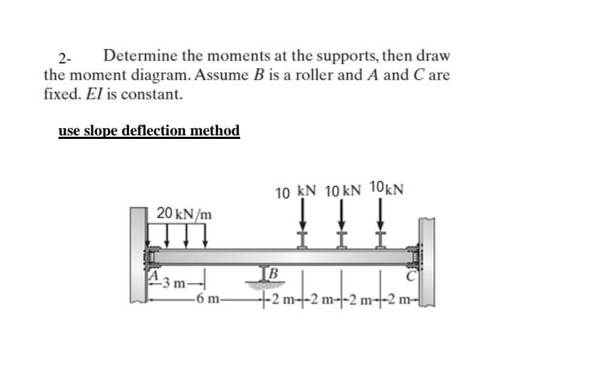 2-
Determine the moments at the supports, then draw
the moment diagram. Assume B is a roller and A and C are
fixed. El is constant.
use slope deflection method
10 kN 10 kN 10KN
20 kN/m
3m-
[B
-6 m-
+2 m--2 m--2 m--2 m-|
