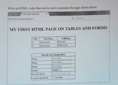 Write an HTML codes that can be used to generate the page shown below.
HTML Tables and forms
GTUC/web tech/Notes/table.html
с
Q Search
MY FIRST HTML PAGE ON TABLES AND FORMS
S/N.
Full Name
Cell Phone
1.
2
Name
Phone:
Email:
Gender:
Favorite Sports
License Agreement
02111111
0200221144
John Smith
Kofi Asante
Provide Your Details Here.
Your Name
Your Phone
Your Email
Female
Accept
