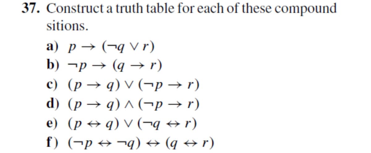 37. Construct a truth table for each of these compound
sitions.
a) p→ (q Vr)
b) ¬p → (q→ r)
c) (p→q) v (¬p → r)
d) (p→q)^(-p → r)
e) (pq) v (¬q ↔r)
f) (p¬q) → (q ↔r)