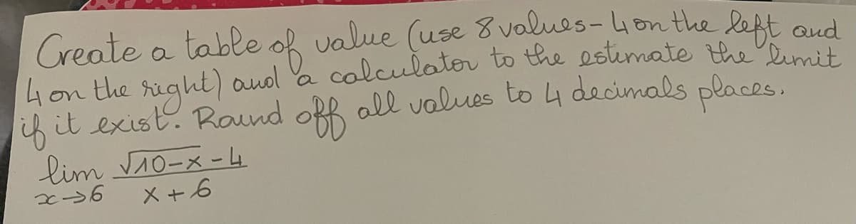 **Calculating the Limit Using a Table of Values**

To estimate the limit of the function as \( x \) approaches 6, create a table of values using 8 values—4 values approaching 6 from the left and 4 values approaching 6 from the right. Use a calculator to determine and round off all values to 4 decimal places. 

The function to be evaluated is:
$$ \lim_{{x \to 6}} \frac{\sqrt{10 - x} - 4}{{x - 6}} $$ 

### Steps:
1. Choose 4 values of \( x \) slightly less than 6.
2. Choose 4 values of \( x \) slightly greater than 6.
3. Evaluate the function for each chosen \( x \).
4. Round the calculated values to 4 decimal places.
5. Observe the pattern of the values as \( x \) approaches 6 to estimate the limit.

Example \( x \) values:

- Values on the left of 6: 5.9, 5.95, 5.99, 5.999
- Values on the right of 6: 6.1, 6.05, 6.01, 6.001

Calculate \( f(x) = \frac{\sqrt{10 - x} - 4}{{x - 6}} \) for each \( x \), and tabulate the results.

### Table of Values:

| \( x \)       | \( \frac{\sqrt{10 - x} - 4}{{x - 6}} \)  |
|---------------|------------------------------------------|
| 5.9           | Value                                    |
| 5.95          | Value                                    |
| 5.99          | Value                                    |
| 5.999         | Value                                    |
| 6.001         | Value                                    |
| 6.01          | Value                                    |
| 6.05          | Value                                    |
| 6.1           | Value                                    |

Finally, analyze the values in the table to determine the estimated limit of the function as \( x \) approaches 6.
