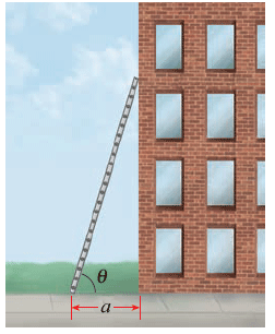 In the given image, we see a visual representation of a ladder leaning against a building. The image is intended to illustrate the angles and distances involved in problems typically encountered in physics or trigonometry.

**Diagram Explanation:**

1. **Ladder**: The ladder is depicted as a long, straight object resting against the building. It is positioned at an angle relative to the ground and extends upward to a window or higher point on the brick building's wall.

2. **Building**: The building is shown as a brick structure with multiple windows arranged in a grid-like pattern.

3. **Ground Distance (a)**: At the bottom of the image, a horizontal red arrow marked with 'a' indicates the distance from the base of the building to the point where the ladder touches the ground.

4. **Angle (θ)**: Near the base of the ladder, an angle θ (theta) is shown. This angle represents the angle between the ladder and the ground. This is a crucial parameter in problems involving static equilibrium and force calculations.

This diagram is particularly useful in educational contexts where students need to understand the relationships between angles, distances, and heights in practical scenarios. It might be used in topics such as:

- Trigonometry, where students calculate the height the ladder reaches on the building using the sine or cosine of the angle θ.
- Physics, to discuss forces acting on the ladder and how these forces relate to tipping risks or the friction between the ladder and the ground.

Understanding this diagram helps students visualize and solve real-world problems by applying mathematical and physical principles.