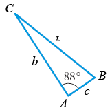 The diagram represents a triangle labeled ABC. The angle at vertex A is given as 88°. The side opposing this angle is labeled "x." The other two sides are labeled "b" and "c" respectively. Specifically:

- Side "b" is between vertices A and C.
- Side "c" is between vertices A and B.
- Side "x" is between vertices B and C.

This geometric configuration can be used to instruct students on various concepts of trigonometry such as the Law of Sines or Law of Cosines, both of which rely on the lengths of sides and measures of angles within a triangle. 

1. **Understanding Triangle Properties**:
   - The sum of the angles in a triangle is always 180°.
   - Given one angle, one can often compute others, especially if additional sides or angles are known.

2. **Law of Sines**:
   \[
   \frac{a}{\sin(A)} = \frac{b}{\sin(B)} = \frac{c}{\sin(C)}
   \]
   Used when we know either two angles and one side or two sides and a non-included angle.

3. **Law of Cosines**:
   \[
   c^2 = a^2 + b^2 - 2ab \cdot \cos(C)
   \]
   This can be specifically useful here given the value of one angle is stated, and if we have further lengths of sides, other lengths or angles can be calculated.

This diagram serves as an informative visual aid to explain these principles in further detail.