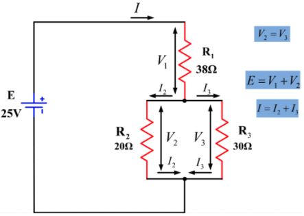 E
25V
R₂
2012
V₁
R₁
| 38Ω
V₂ V3
V₂=V₂
E = V₁ + V₂
I= 1₂ + 1₂
R₂
30Ω