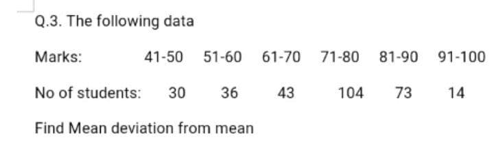 Q.3. The following data
Marks:
41-50 51-60 61-70
71-80 81-90 91-100
No of students:
30
36
43
104
73
14
Find Mean deviation from mean
