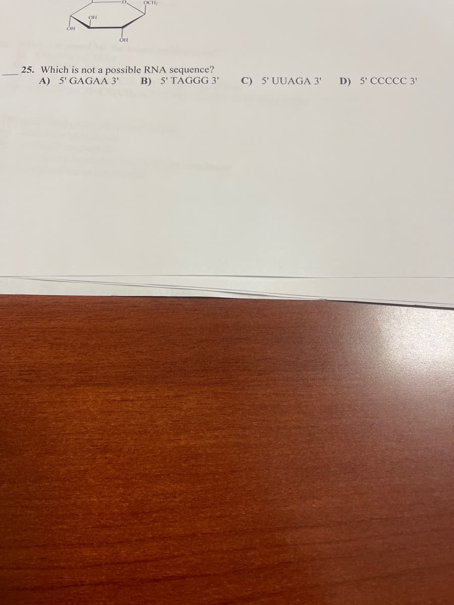 OCI,
OH
25. Which is not a possible RNA sequence?
A) 5' GAGAA 3'
B) 5' TAGGG 3'
C) 5' UUAGA 3'
D) 5' CCCCC 3'
