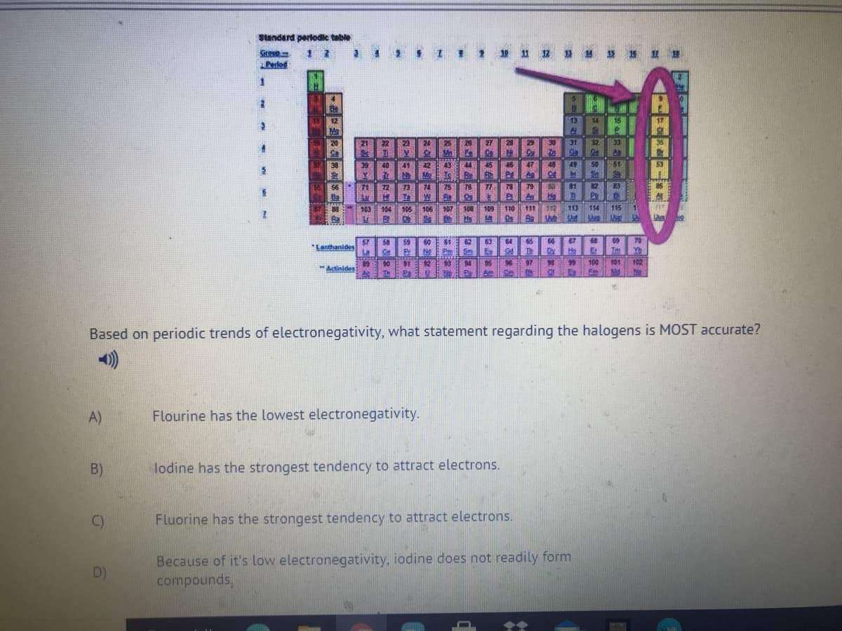 Standard periodic table
1 2
2 42 S I 2 19 11 12 2 15 1
Perlod
1
21
27
20
31
20
43
Me
40
41
42
56
71
12
74
75
社
82
83
Po
103
104
105
106
107
108
109
110
111
113
114
115
58
59
63
65
68
60
PeSm
*Lanthanides
Dy
Im
製
100
101
102
*Actinides9
The
Based on periodic trends of electronegativity, what statement regarding the halogens is MOST accurate?
A)
Flourine has the lowest electronegativity.
B)
lodine has the strongest tendency to attract electrons.
Fluorine has the strongest tendency to attract electrons.
Because of it's low electronegativity, iodine does not readily form
compounds,
D)
