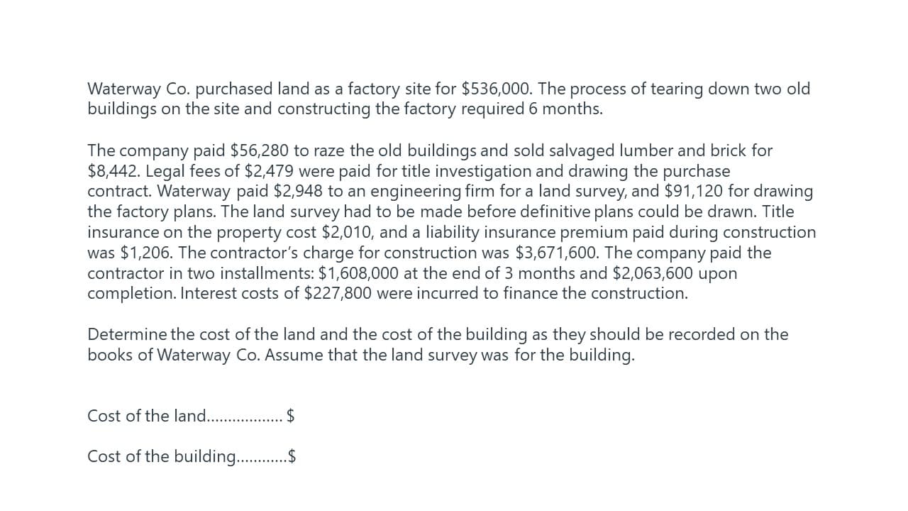 Waterway Co. purchased land as a factory site for $536,000. The process of tearing down two old
buildings on the site and constructing the factory required 6 months.
