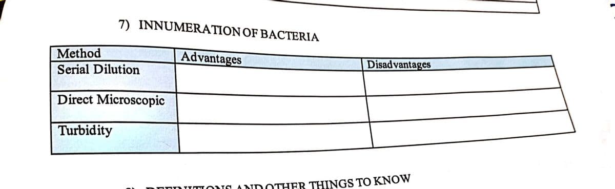 7) INNUMERATION OF BACTERIA
Method
Advantages
Serial Dilution
Disadvantages
Direct Microscopic
Turbidity
A NDOTHER THINGS TO KNOW
