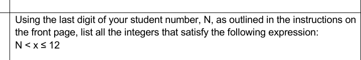 Using the last digit of your student number, N, as outlined in the instructions on
the front page, list all the integers that satisfy the following expression:
N<xs 12
