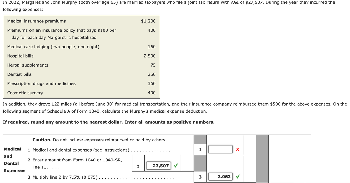 In 2022, Margaret and John Murphy (both over age 65) are married taxpayers who file a joint tax return with AGI of $27,507. During the year they incurred the
following expenses:
Medical insurance premiums
Premiums on an insurance policy that pays $100 per
day for each day Margaret is hospitalized
Medical care lodging (two people, one night)
Hospital bills
Herbal supplements
Dentist bills
Prescription drugs and medicines
Cosmetic surgery
Medical
and
Dental
Expenses
$1,200
400
2 Enter amount from Form 1040 or 1040-SR,
line 11. ....
3 Multiply line 2 by 7.5% (0.075).
160
2,500
2
75
In addition, they drove 122 miles (all before June 30) for medical transportation, and their insurance company reimbursed them $500 for the above expenses. On the
following segment of Schedule A of Form 1040, calculate the Murphy's medical expense deduction.
If required, round any amount to the nearest dollar. Enter all amounts as positive numbers.
250
360
400
Caution. Do not include expenses reimbursed or paid by others.
1 Medical and dental expenses (see instructions).
27,507
1
3
2,063
X