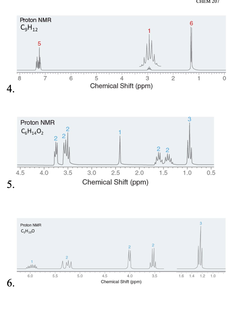 4.
5.
6.
Proton NMR
C₂H12
8
4.5
Proton NMR
C6H1402
5
wwww
Proton NMR
C5H10O
6.0
7
4.0
2
5.5
6
2
3.5
2
5.0
5
4
3
Chemical Shift (ppm)
1
1
3.0
2.5
2.0
Chemical Shift (ppm)
4.5
4.0
Chemical Shift (ppm)
2
22
3.5
1.5
2
6
3
1.0
CHEM 207
1
0.5
1.6 1.4 1.2 1.0
0