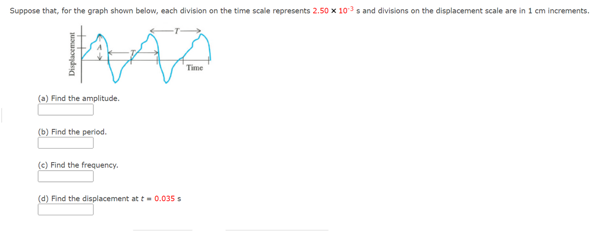 ### Wave Characteristics Problem

#### Problem Description:
Suppose that, for the graph shown below, each division on the time scale represents \(2.50 \times 10^{-3} \, \text{s}\) and divisions on the displacement scale are in 1 cm increments.

![Wave Graph](wave_graph.png)

#### Annotations:
- **Amplitude (A)**: The maximum displacement from the equilibrium position.
- **Period (T)**: The time taken for one complete cycle of the wave.

#### Questions:
1. **Find the amplitude.**
   ```plaintext
   [Answer Box]
   ```

2. **Find the period.**
   ```plaintext
   [Answer Box]
   ```

3. **Find the frequency.**
   ```plaintext
   [Answer Box]
   ```

4. **Find the displacement at \( t = 0.035 \, \text{s} \).**
   ```plaintext
   [Answer Box]
   ```

#### Detailed Explanations of the Graph:
- **Displacement vs. Time Graph**:
  - The vertical axis represents displacement in centimeters.
  - The horizontal axis represents time in seconds.
  - The wave pattern provides both positive and negative displacements, indicating oscillatory motion (e.g., sine wave).

### Steps to Solve Each Question:

1. **Finding the Amplitude**:
   - Identify the peak (maximum positive or negative displacement) value on the graph.
   - Count the number of divisions from the equilibrium (center) line to the peak.
   - Multiply the number of divisions by the displacement increment (1 cm).

2. **Finding the Period**:
   - Identify one complete cycle (from one crest to the next crest or one trough to the next trough).
   - Count the number of divisions representing one complete cycle.
   - Multiply the number of divisions by the time increment (\(2.50 \times 10^{-3} \, \text{s}\)).

3. **Finding the Frequency**:
   - Use the formula: \( \text{Frequency} (f) = \frac{1}{\text{Period} (T)} \).

4. **Finding the Displacement at \( t = 0.035 \, \text{s} \)**:
   - Locate the specific time point (\(0.035 \, \text{s}\)) on the horizontal axis.
   - Count the divisions to determine the position on the